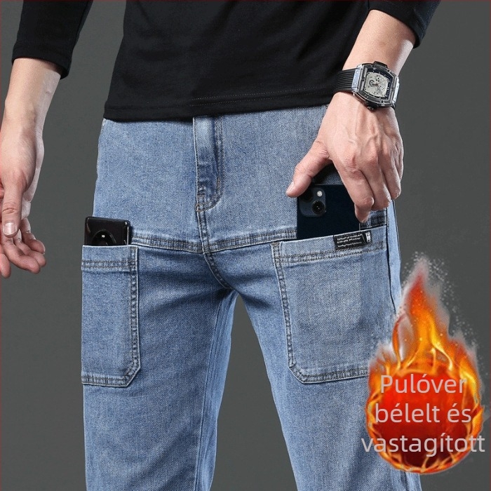 Férfi farmernadrág fleece-béléssel téli viseletre, egyenes szabású, középmagas derék, több zseb, poliészter anyag