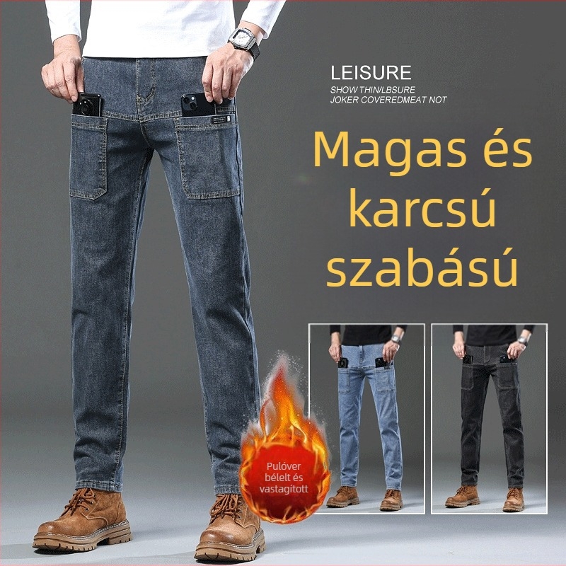 Férfi farmernadrág fleece-béléssel téli viseletre, egyenes szabású, középmagas derék, több zseb, poliészter anyag