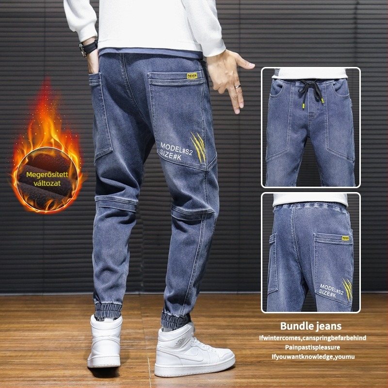 Férfi egyenes szárú farmer fleece-bélelt, magas derék, kötőzáras, téli viselet