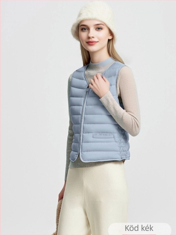 Női nylon tollmellény fehér libatollal töltve, slim fit, gallér nélküli, cipzár elöl, 81–85% tolltartalom