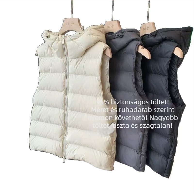 Női kapucnis tollmellény fehér kacsa tollal töltve, 86–90% töltet, nylon külső, cipzár, hossz 50–65 cm, tél 2025