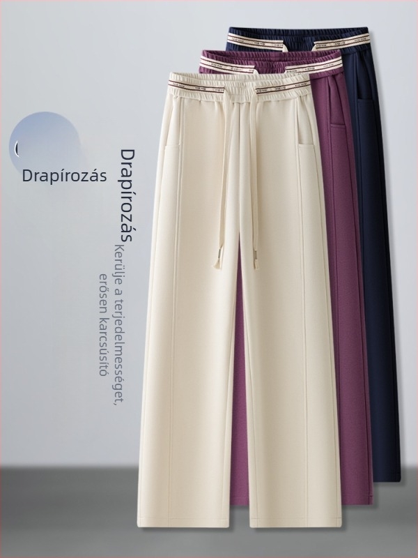 Női casual nadrág tavaszra, magas derék, laza szabás, széles szárú, drapírozott fazon, elasztikus derék és kötőszár