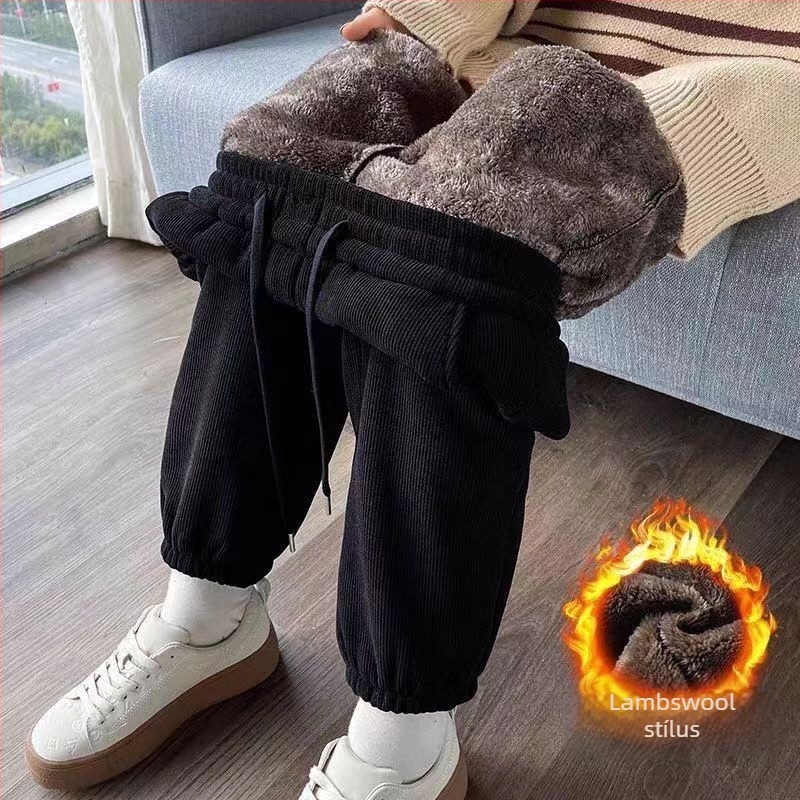 Szövött gyapjú nadrág fleece béléssel, vastag, magas derekú, lazán szabott, harém-stílusú jogger