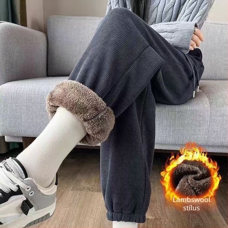 Szövött gyapjú nadrág fleece béléssel, vastag, magas derekú, lazán szabott, harém-stílusú jogger