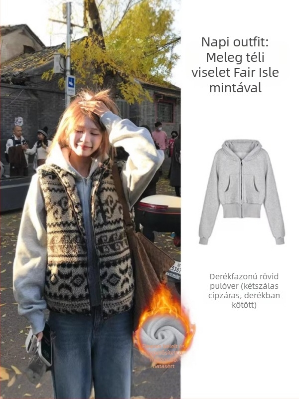 Női geometriás fleece mellény álló gallérral, elől cipzárral, poliészter töltettel, laza szabás, retro kardigán stílus (Tél 2025)