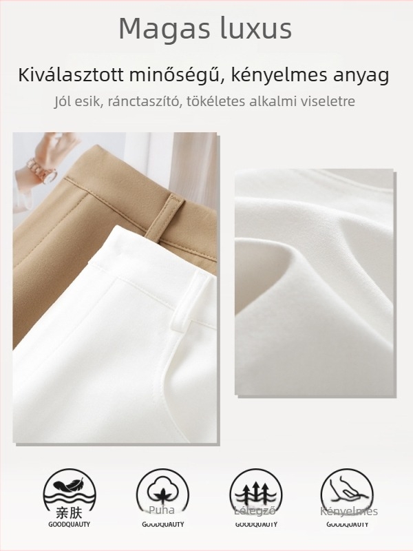 Női nyári magas derekú laza A-vonalú rövidnadrág kostüm-stílusban, háromnegyedes hosszúságú, munka- és mindennapi viseletre.