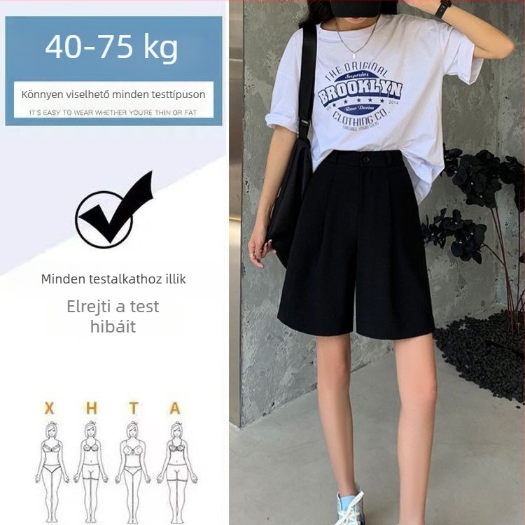Fekete női nyári kosztüm rövidnadrág, magas derekú, laza szabás, jégselyem anyag, plusz méret, A‑vonalú szabás