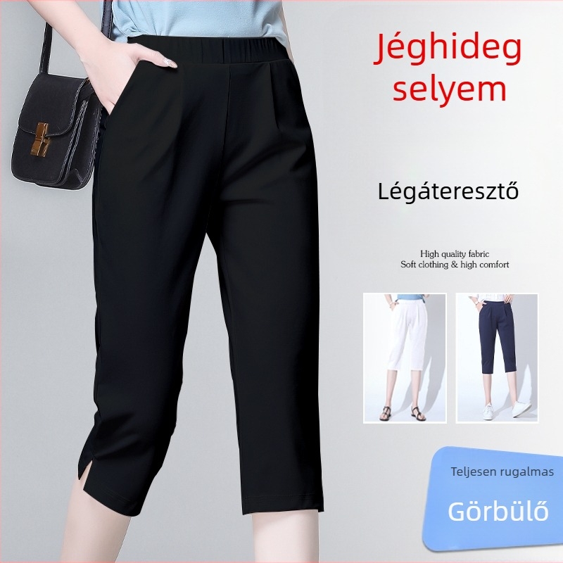 Női háromnegyedes nadrág, magas derék, poliészter, mikroelasztikusság, egyenes szabás