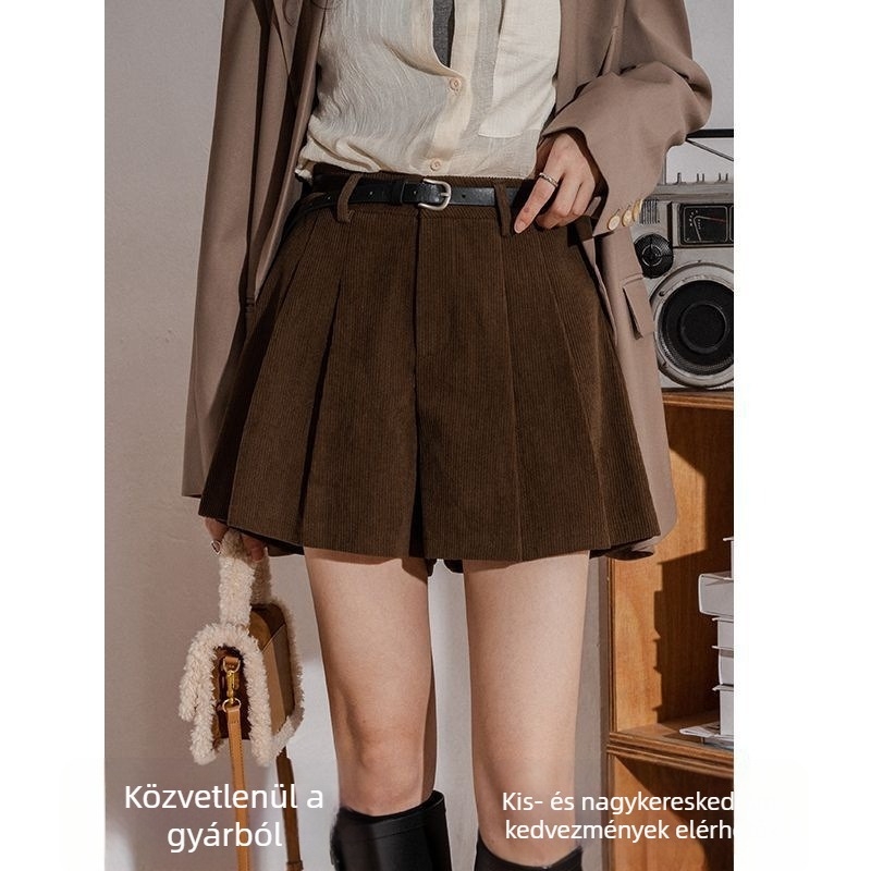 Corduroy plisírozott széles lábú rövidnadrág, háromnegyedes hossz, középmagas derék, mindennapi stílus