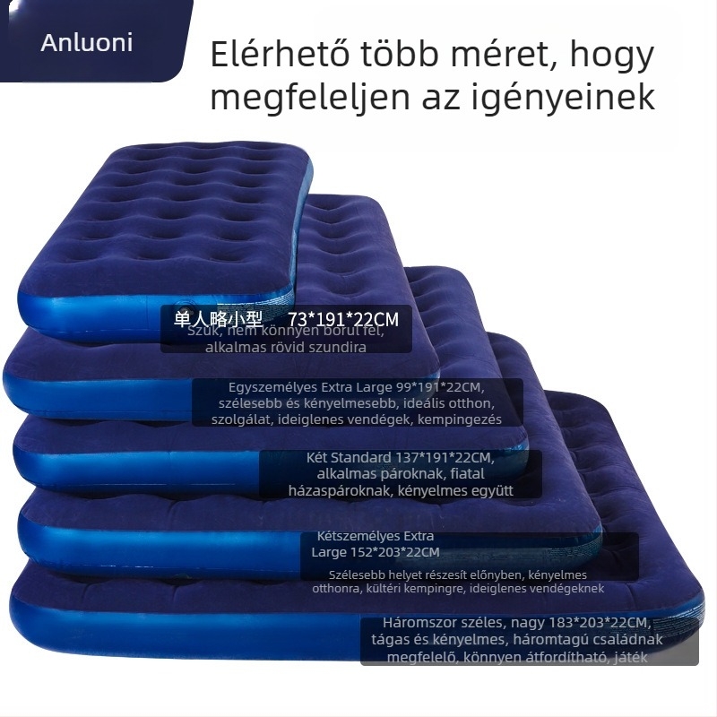 Felfújható ágy flokkolt felülettel; összecsukható dupla léggömb matrac 3–4 személy számára; méretek 203×183 cm; tömeg 3 kg; teherbírás 300 kg