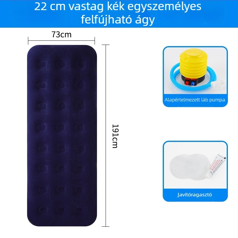 Felfújható ágy flokkolt felülettel; összecsukható dupla léggömb matrac 3–4 személy számára; méretek 203×183 cm; tömeg 3 kg; teherbírás 300 kg