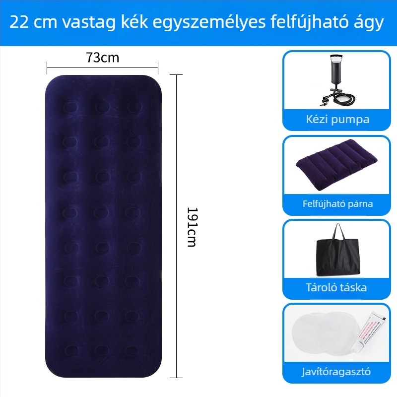 Felfújható ágy flokkolt felülettel; összecsukható dupla léggömb matrac 3–4 személy számára; méretek 203×183 cm; tömeg 3 kg; teherbírás 300 kg