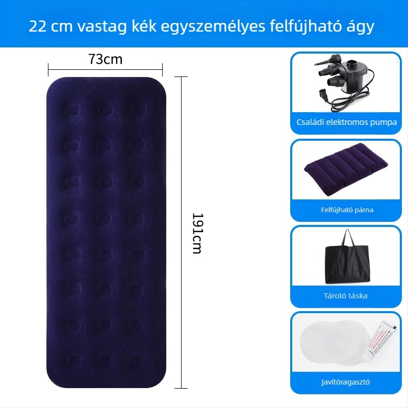 Felfújható ágy flokkolt felülettel; összecsukható dupla léggömb matrac 3–4 személy számára; méretek 203×183 cm; tömeg 3 kg; teherbírás 300 kg