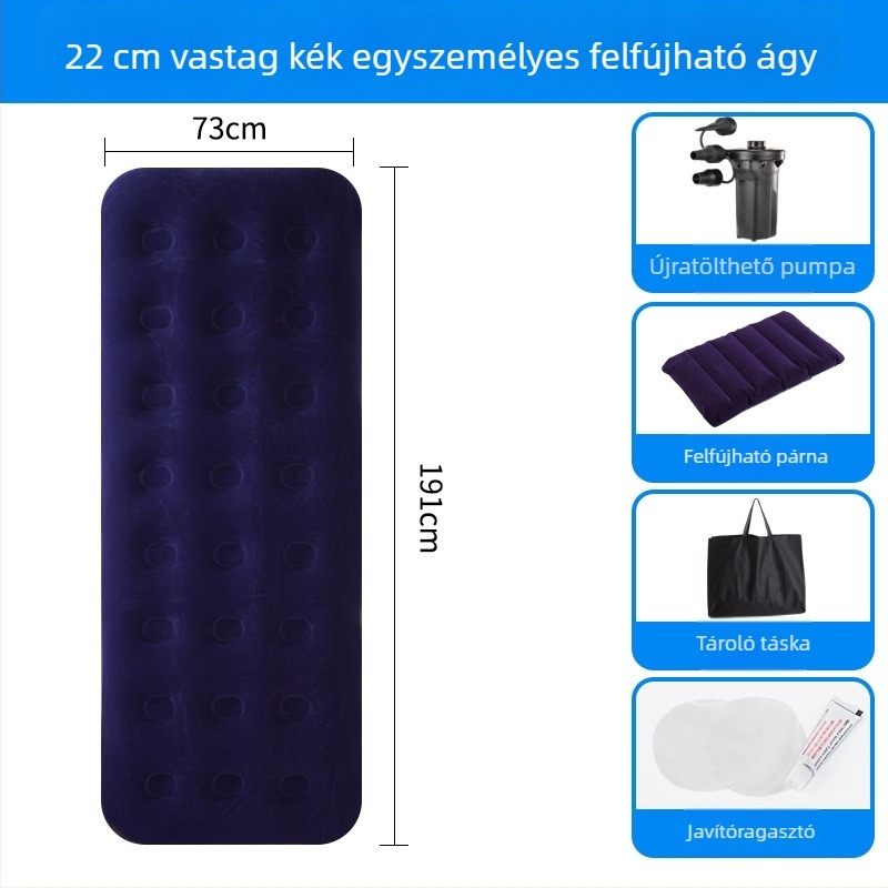 Felfújható ágy flokkolt felülettel; összecsukható dupla léggömb matrac 3–4 személy számára; méretek 203×183 cm; tömeg 3 kg; teherbírás 300 kg