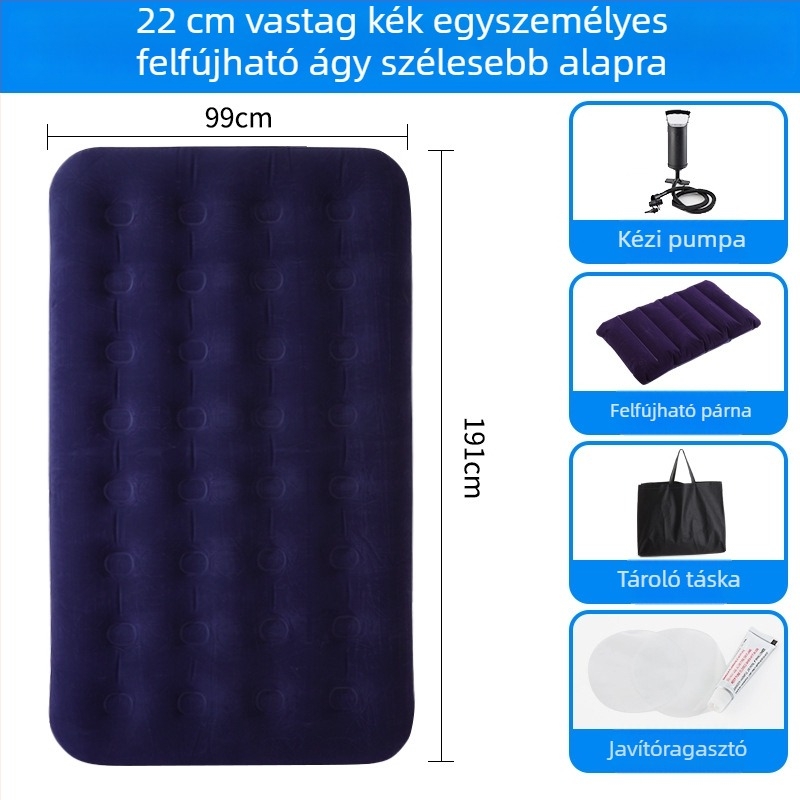 Felfújható ágy flokkolt felülettel; összecsukható dupla léggömb matrac 3–4 személy számára; méretek 203×183 cm; tömeg 3 kg; teherbírás 300 kg