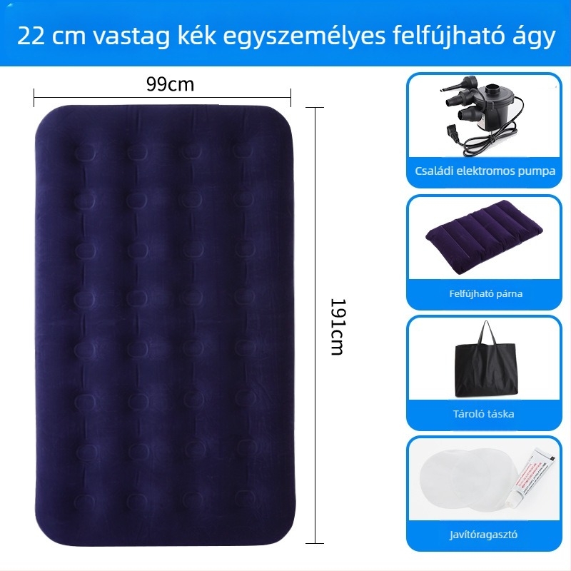 Felfújható ágy flokkolt felülettel; összecsukható dupla léggömb matrac 3–4 személy számára; méretek 203×183 cm; tömeg 3 kg; teherbírás 300 kg