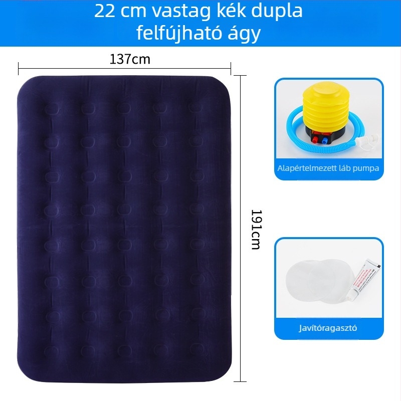 Felfújható ágy flokkolt felülettel; összecsukható dupla léggömb matrac 3–4 személy számára; méretek 203×183 cm; tömeg 3 kg; teherbírás 300 kg