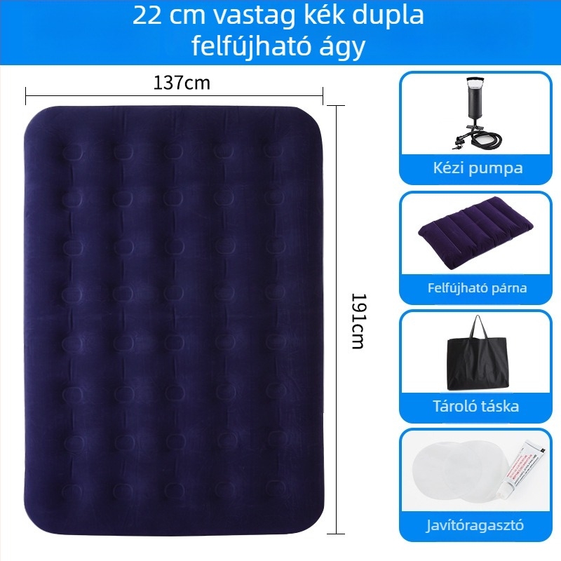 Felfújható ágy flokkolt felülettel; összecsukható dupla léggömb matrac 3–4 személy számára; méretek 203×183 cm; tömeg 3 kg; teherbírás 300 kg