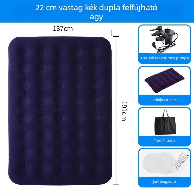 Felfújható ágy flokkolt felülettel; összecsukható dupla léggömb matrac 3–4 személy számára; méretek 203×183 cm; tömeg 3 kg; teherbírás 300 kg