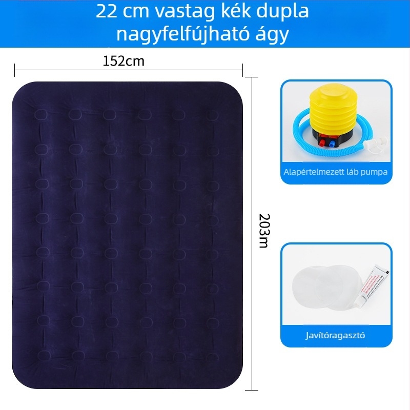 Felfújható ágy flokkolt felülettel; összecsukható dupla léggömb matrac 3–4 személy számára; méretek 203×183 cm; tömeg 3 kg; teherbírás 300 kg