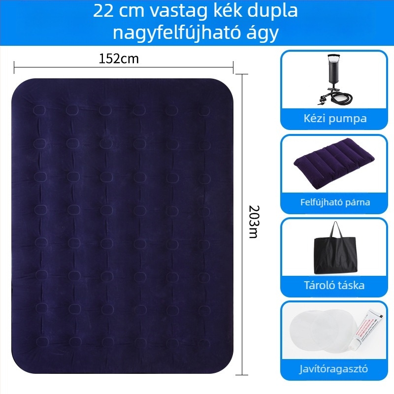 Felfújható ágy flokkolt felülettel; összecsukható dupla léggömb matrac 3–4 személy számára; méretek 203×183 cm; tömeg 3 kg; teherbírás 300 kg