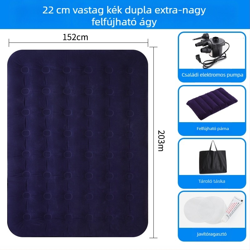 Felfújható ágy flokkolt felülettel; összecsukható dupla léggömb matrac 3–4 személy számára; méretek 203×183 cm; tömeg 3 kg; teherbírás 300 kg