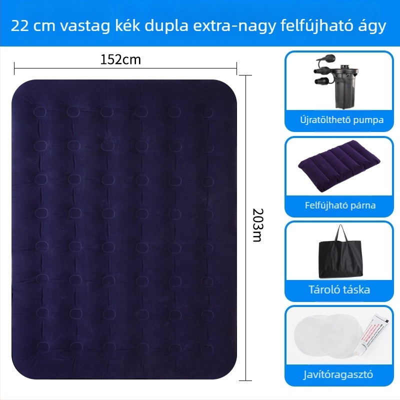 Felfújható ágy flokkolt felülettel; összecsukható dupla léggömb matrac 3–4 személy számára; méretek 203×183 cm; tömeg 3 kg; teherbírás 300 kg
