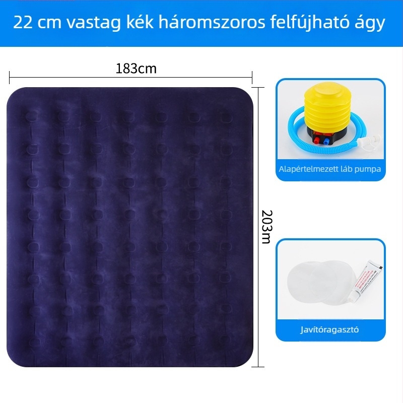 Felfújható ágy flokkolt felülettel; összecsukható dupla léggömb matrac 3–4 személy számára; méretek 203×183 cm; tömeg 3 kg; teherbírás 300 kg