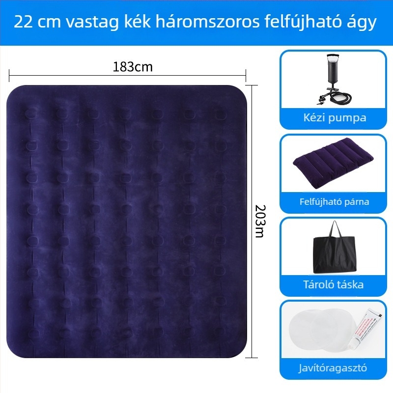 Felfújható ágy flokkolt felülettel; összecsukható dupla léggömb matrac 3–4 személy számára; méretek 203×183 cm; tömeg 3 kg; teherbírás 300 kg