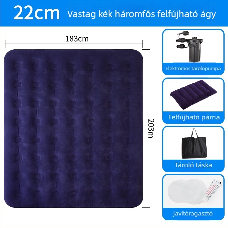 Felfújható ágy flokkolt felülettel; összecsukható dupla léggömb matrac 3–4 személy számára; méretek 203×183 cm; tömeg 3 kg; teherbírás 300 kg