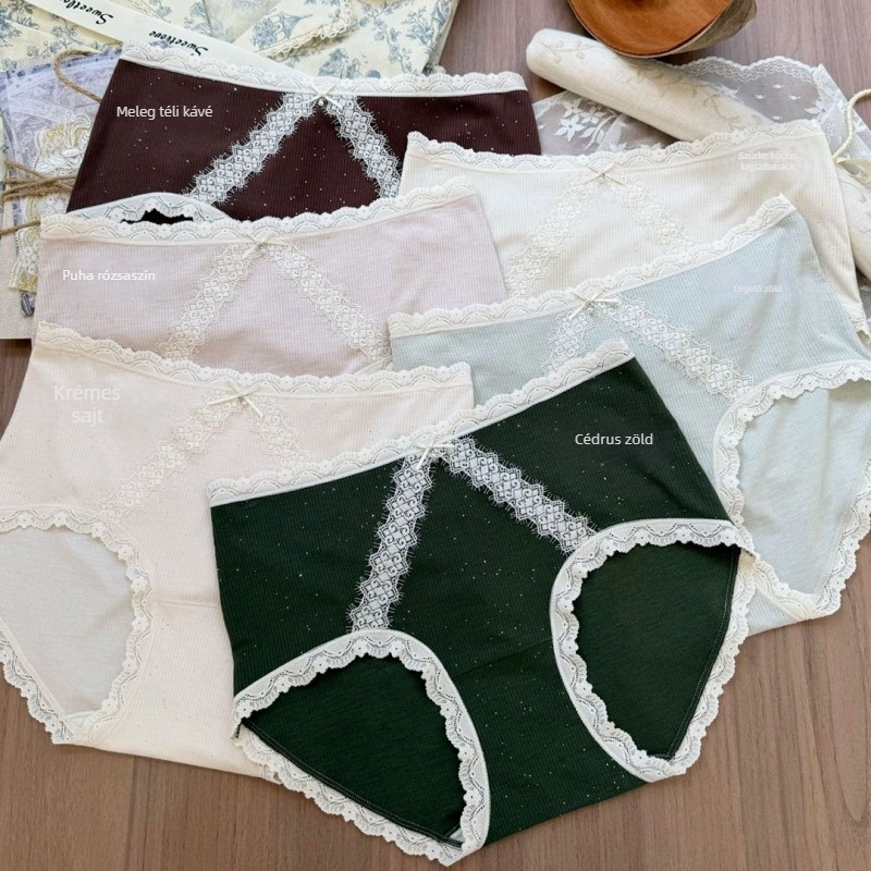 Női középmagasságú antibakteriális nylon bugyi, eyelash lace díszítés, galaktikus mintával és masnival; pamut bélés.