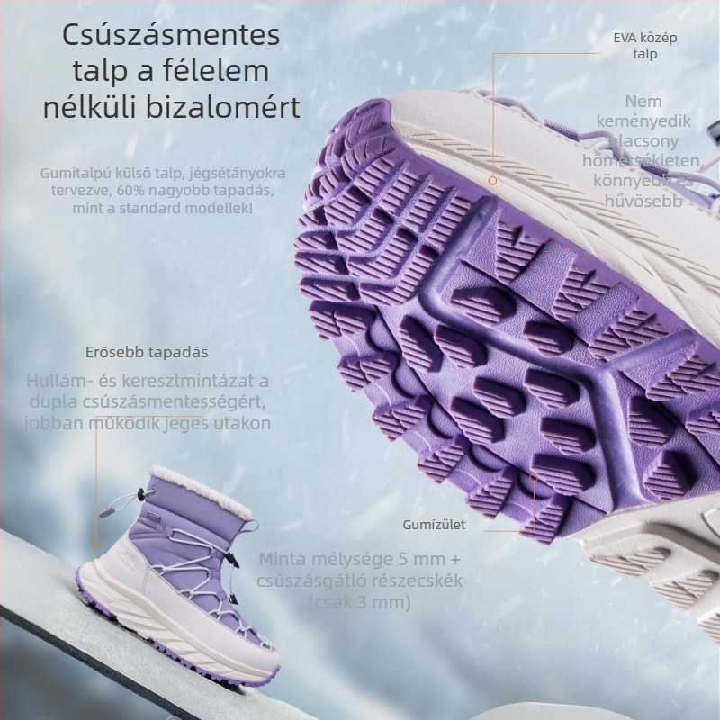 Női téli hócsizma, vízálló, plüss bélés, középmagasságú szár, EVA talp, slip-on