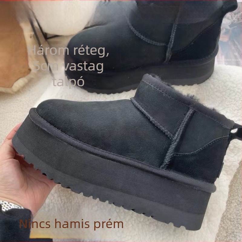 Női téli hócipő juhbőrrel és gyapjúval integrált felsőrésszel és béléssel, habos talppal, 5 cm platformtal