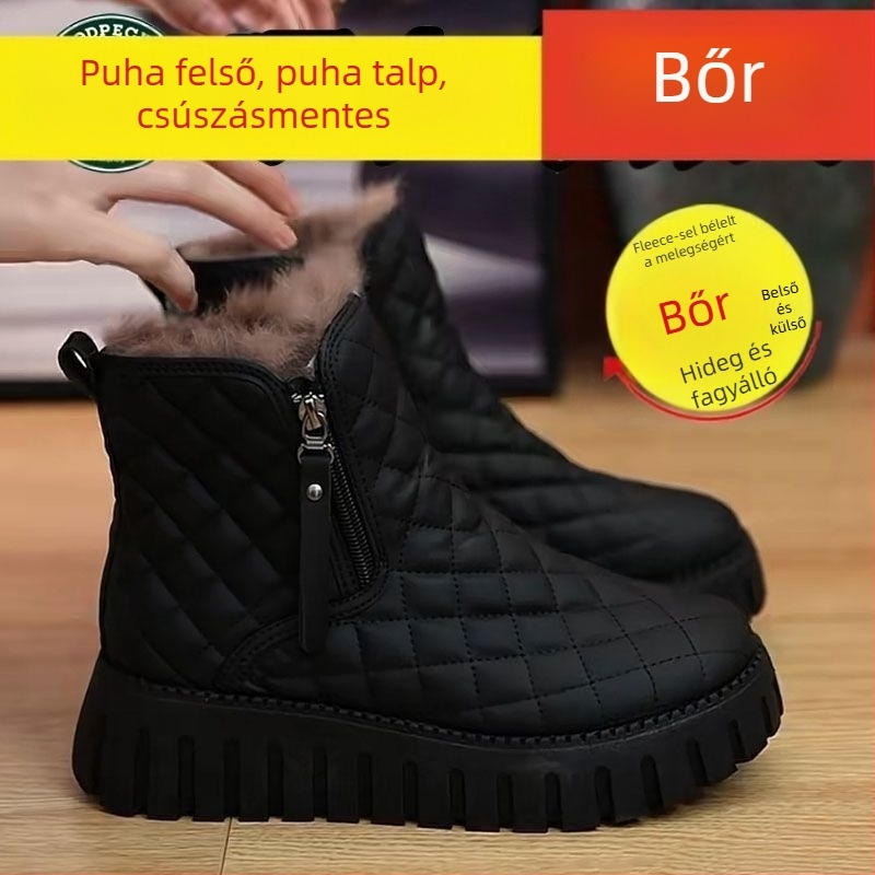 Női téli hócsizmák | magas bokarész, műbőr, pamut bélés, gumi talp, kerek orr (alacsony sarkú 1–3 cm)