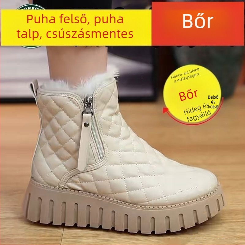 Női téli hócsizmák | magas bokarész, műbőr, pamut bélés, gumi talp, kerek orr (alacsony sarkú 1–3 cm)