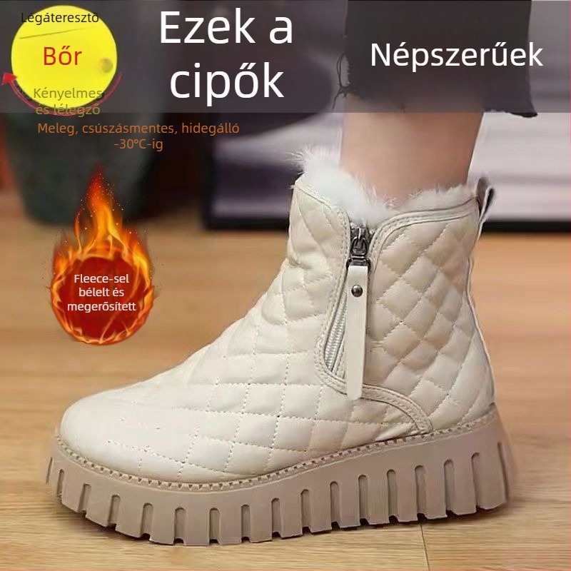 Női téli hócsizmák | magas bokarész, műbőr, pamut bélés, gumi talp, kerek orr (alacsony sarkú 1–3 cm)