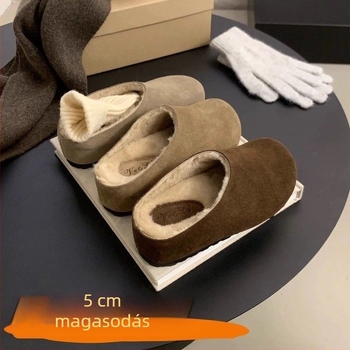Női velúr Birkenstock-stílusú papucs, vastag talppal, belső műszőrmés bélés, kerek orr, őszi-téli kültéri viselet