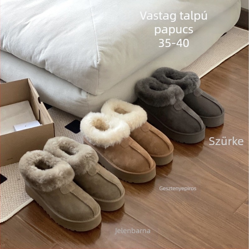 Női vastag talpú havas csizmák, felső része integrált szőrrel, belső gyapjú, EVA talp, alacsony kivágású slip-on, platforma 3,5 cm