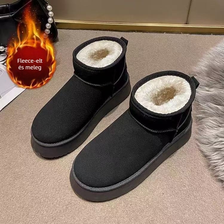 Női havas csizmák vastag talppal, fleece-bélelt, slip-on, középső szárú, gumitalp