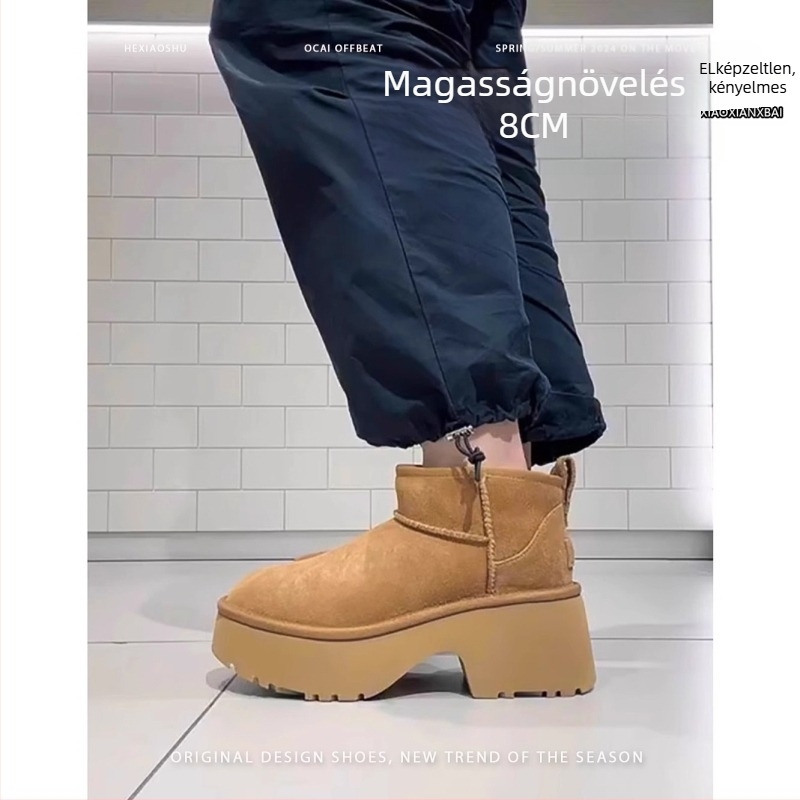 Női téli hócsizma velúr felsőrész, gumitalp, műszőrme bélés, alacsony szár, 4–5 cm-es klín sarok