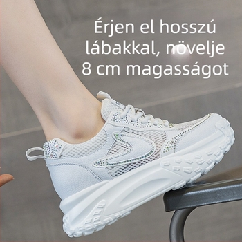 Női nyári légáteresztő hálós cipő vastag platformos emeléssel, rejtett magasságnövelés, elöl pántos zárás, könnyű PU talp, bőrbarát belső.