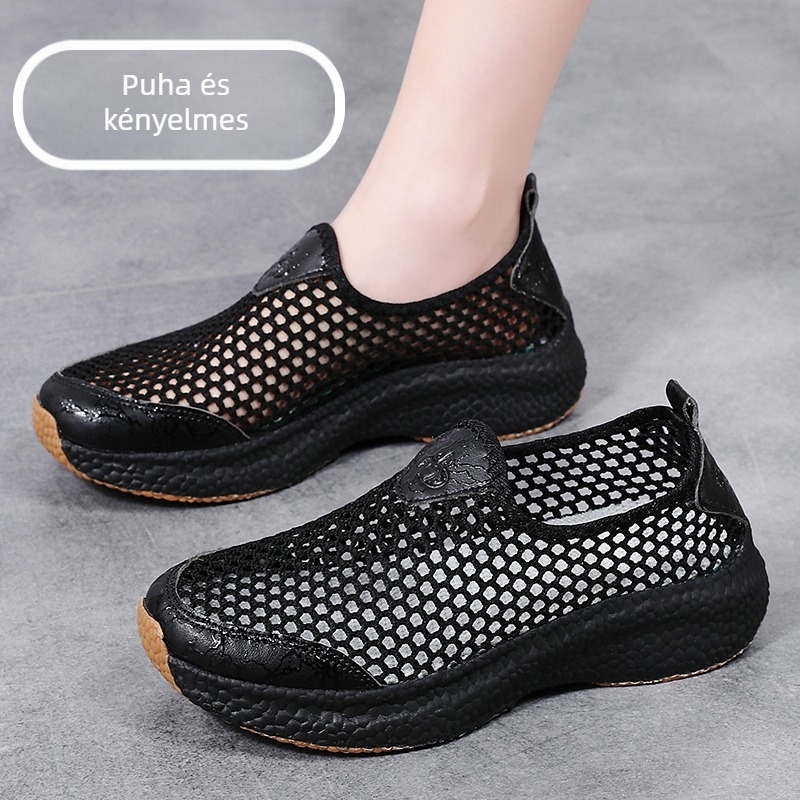 Női slip-on hálós felső cipő – felső rész: mikroszálas bőr, belső: háló, talp: gumi, alacsony felső rész, sarok 1–3 cm