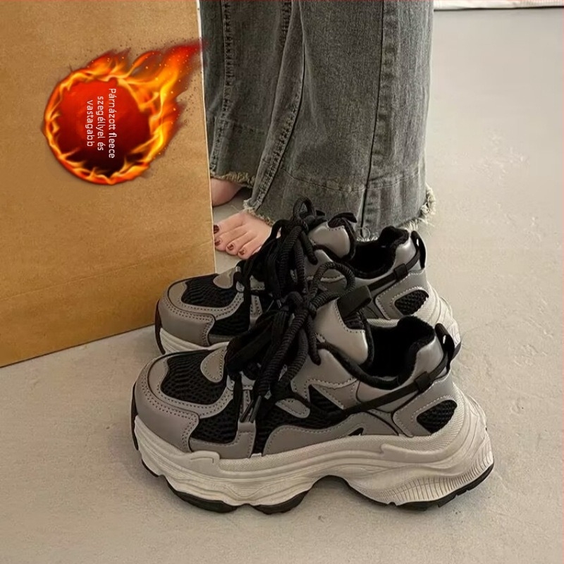 Női dad shoes PU+ mesh felsőrész, 3-5 cm magas sarok, gumitalp, fűzőzárás, belső műszálas plüss bélés