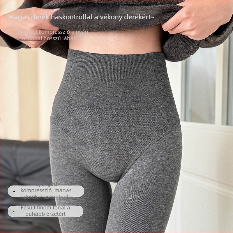 Szürke pamutból készült, magas derekú bordázott leggings nőknek, karcsúsító és fenékemelő hatás