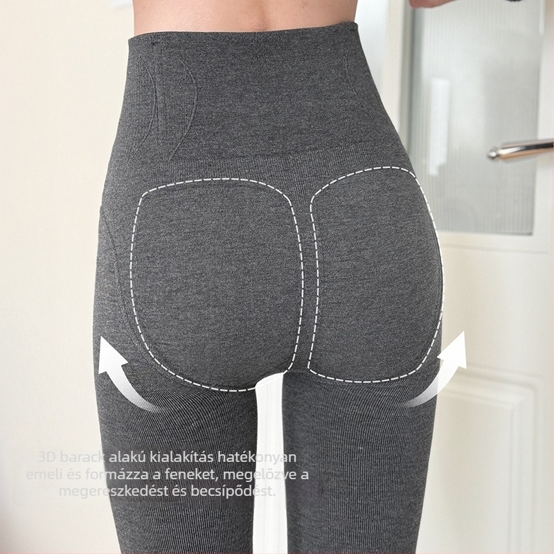 Szürke pamutból készült, magas derekú bordázott leggings nőknek, karcsúsító és fenékemelő hatás