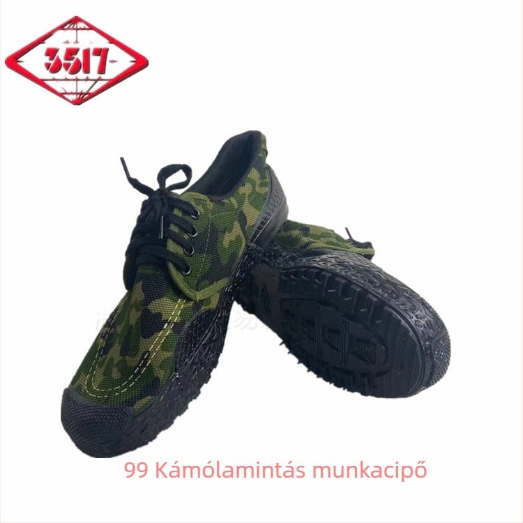 Munkacipők vászon felsőrésszel, gumírozott talppal, kamufláž mintázat, fűzővel záródó, kerek orrú