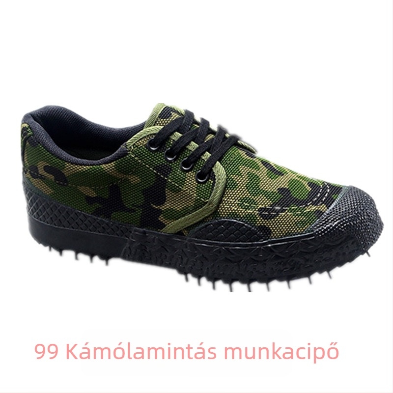 Munkacipők vászon felsőrésszel, gumírozott talppal, kamufláž mintázat, fűzővel záródó, kerek orrú