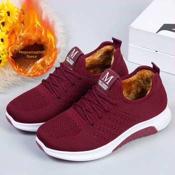 Női téli pamutszövet cipő meleg bolyhos béléssel, slip-on, alacsony boka, kerek orrú, lapos sarok, meleg és csúszásmentes