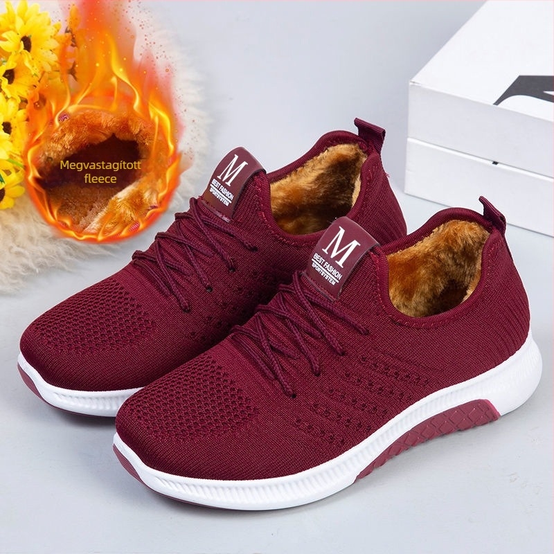 Női téli pamutszövet cipő meleg bolyhos béléssel, slip-on, alacsony boka, kerek orrú, lapos sarok, meleg és csúszásmentes