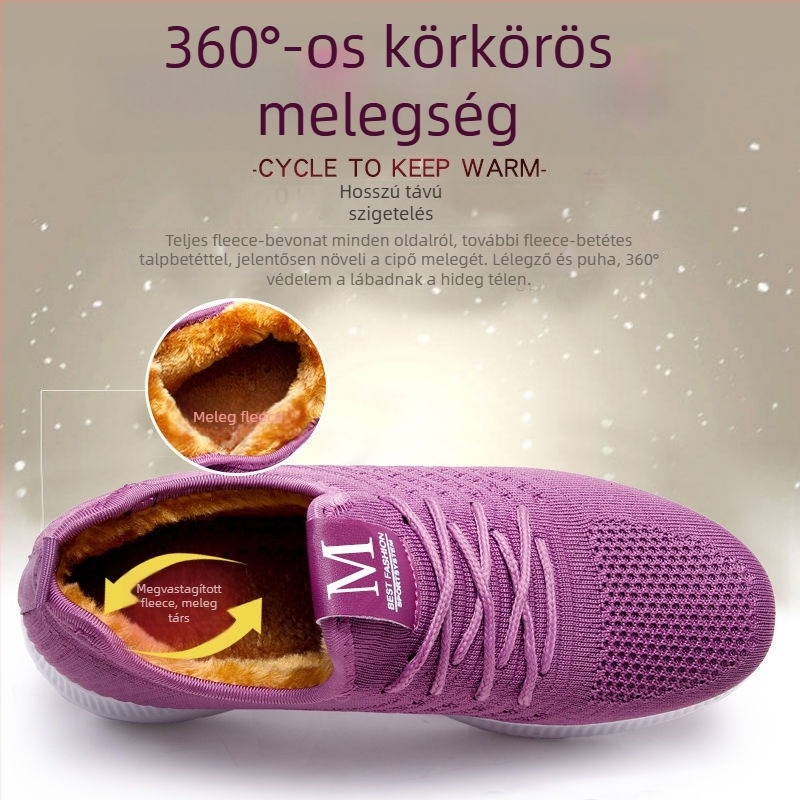 Női téli pamutszövet cipő meleg bolyhos béléssel, slip-on, alacsony boka, kerek orrú, lapos sarok, meleg és csúszásmentes
